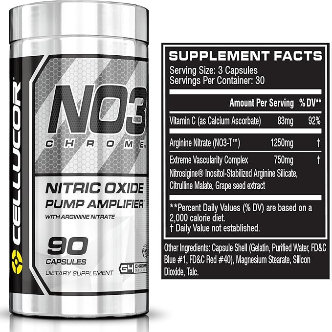 Cellucor NO3 Chrome Nitric Oxide Supplements with Arginine Nitrate for Muscle Pump & Blood Flow, 90 Capsules, G4