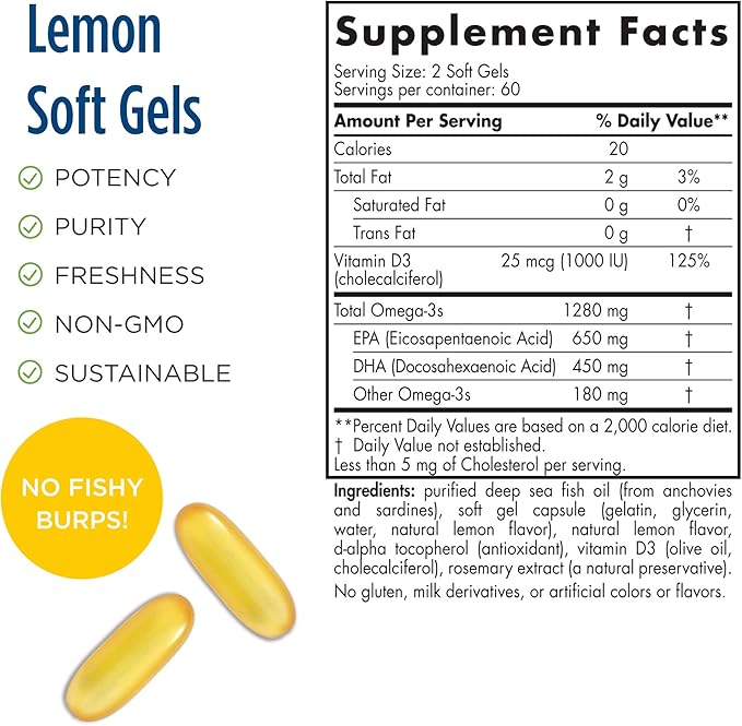 Nordic Naturals ProOmega-D, Lemon Flavor 120 Soft 1280 mg Omega-3 + 1000 IU D3 - 60 Servings