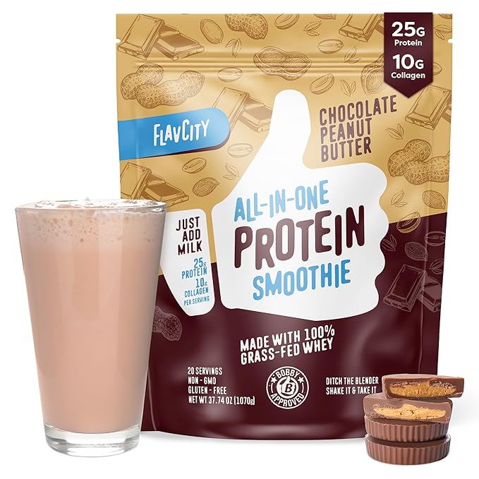 FlavCity Protein Powder Smoothie, Chocolate Peanut Butter 100% Grass-Fed (25g of (37.74 oz)