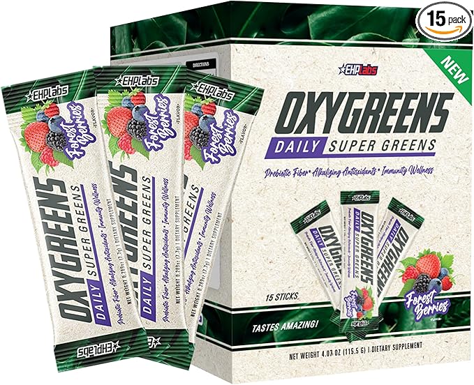 EHP Labs OxyGreens On The Go Greens Powder Stick Packs (15 Count) - Greens Packets - Spirulina & Chlorella Superfood, Sugar Free Green Juice Powder, Antioxidants & Immunity Support (Forest Berries)