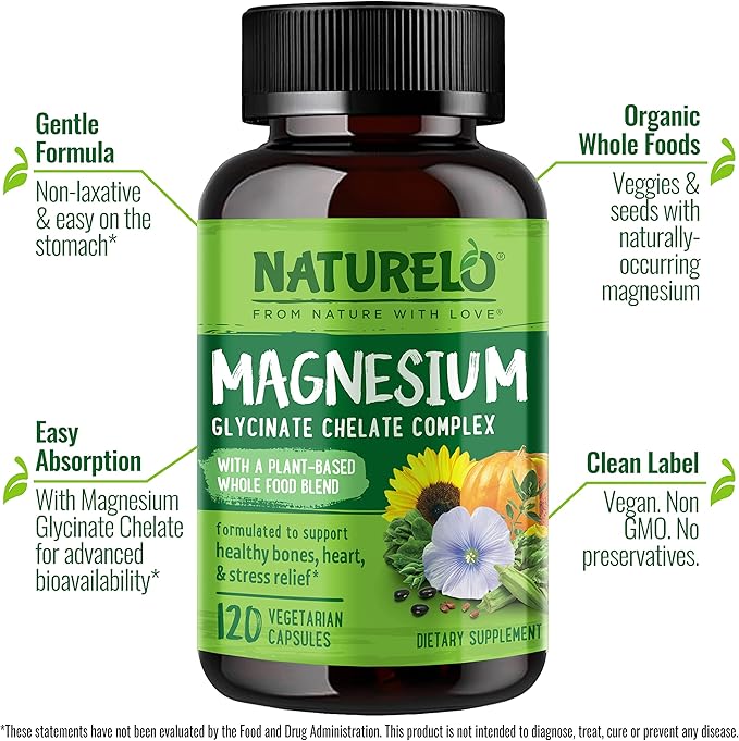 NATURELO Magnesium Glycinate Chelate Complex 200 mg 120 Capsules