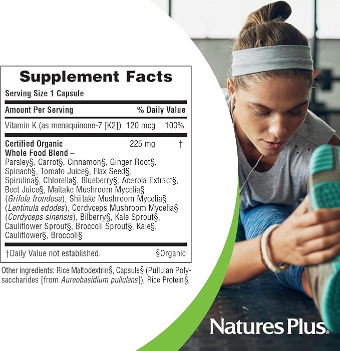 Natures Plus Source of Life Garden Vitamin K2-60 Vegan Capsules, Pack of 2 - Bone Support - Certified Organic, Non-GMO, Gluten Free - 120 Total Servings