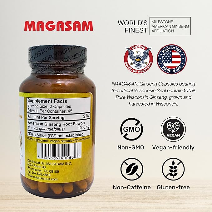 100% Pure Wisconsin American Ginseng Capsules 1000mg per 90 Capsules 45 Day