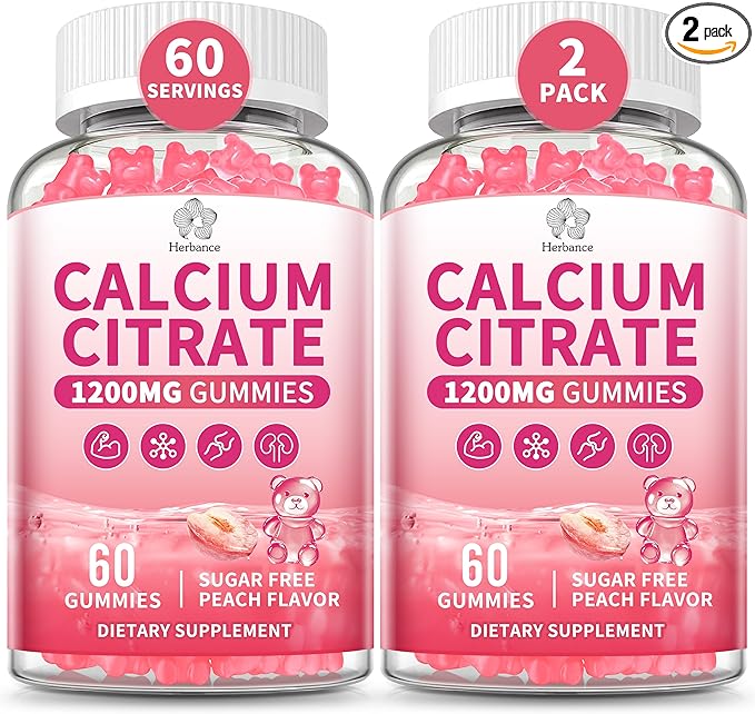Calcium Citrate Gummies 1200 mg for Adults, High Absorption Pure Calcium Supplement for Women & Men, Sugar Free, Non-GMO, Gluten Free, Supports Muscle & Immune - Natural Peach Flavor, 120 Gummies