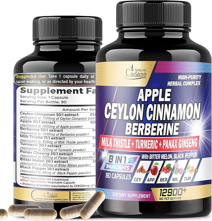 Organic Cadane Ceylon Cinnamon 7500mg Berberine 1500mg Apple 2000mg - 90 Vegan 8 Herbs 3 Month
