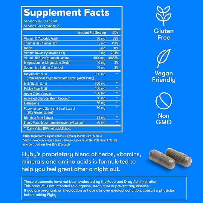 Flyby Recovery Supplement - All The Hang, Without The Over!™ - with Milk Thistle, Vitamin C, Activated Charcoal, and Apple Cider Vinegar - Pre & Post Drinking Formula (40 Count)