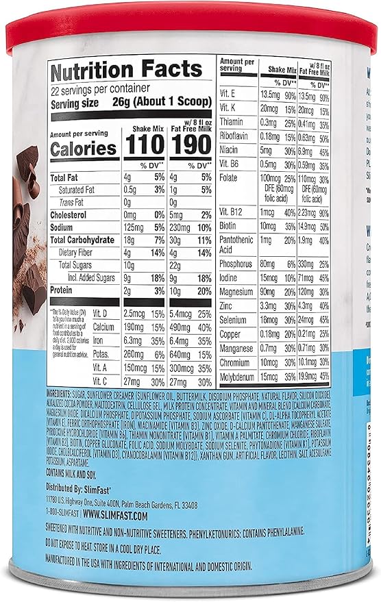 SlimFast Meal Replacement Powder, Original Rich 10g of 22 Servings