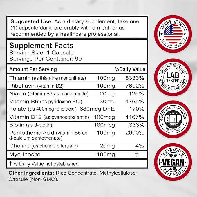 Divine Bounty Super B Complex Vitamins B12, B1, B1, B2, B2, B3, B3, B5, B5, B6, B6, B7, B7, B9, B9, Folic 90 Vegetarian