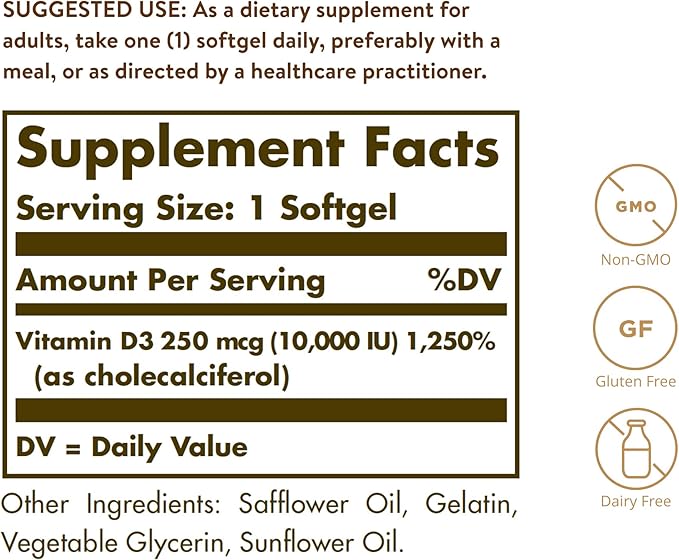 Solgar Vitamin D3 Cholecalciferol 250 MCG 10000 IU 180 Count
