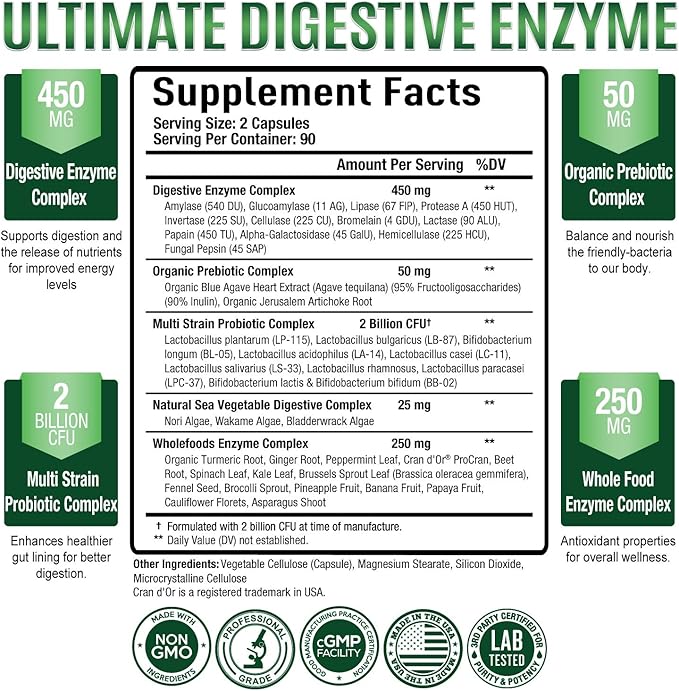 Purely Optimal Premium Digestive Enzymes Plus 180 Capsules