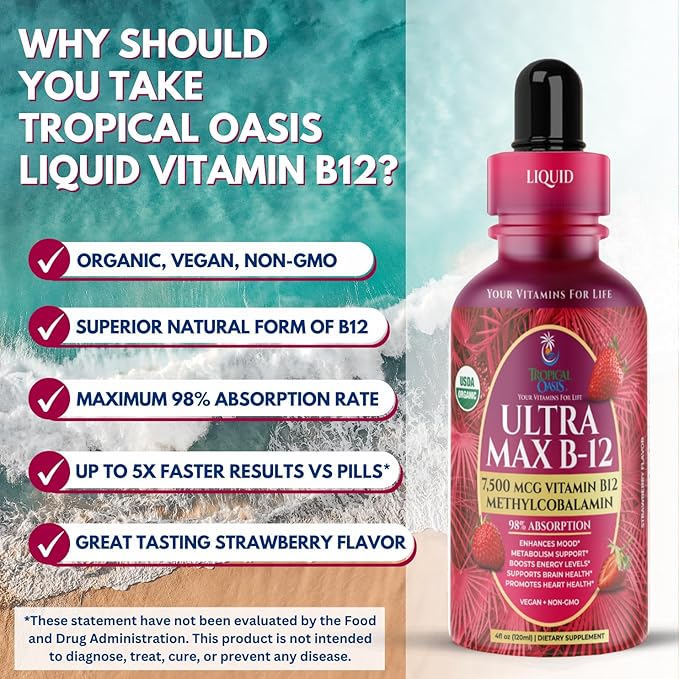 USDA Organic Ultra Max B12 | Superdose 7500mcg Vitamin B12 Liquid Drops | B12 as Methylcobalamin| Max 98% Absorption Rate | Promotes Energy| Vegan, Non-GMO, Strawberry flavor -4oz