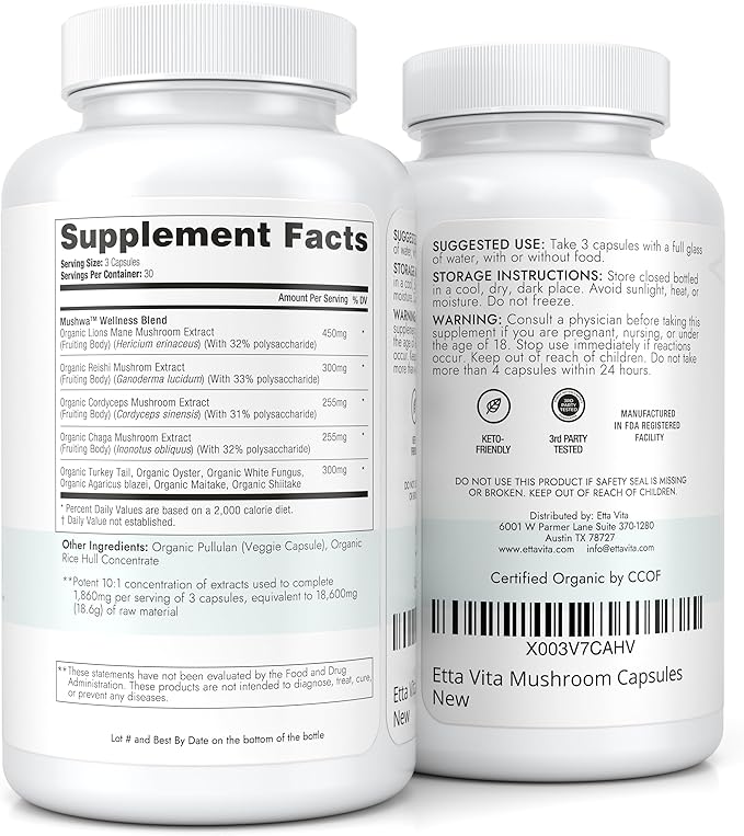 USDA Organic Lions Mane Supplement Capsules (18,600mg/serv) 10x 10x Adaptogenic