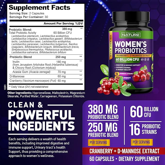 Probiotics for Women - 60 Billion CFUs, 16 Strains, with Cranberry, D-Mannose & Prebiotics - Supports Digestive, Immune, & Vaginal Health - Non-GMO, Dairy & Gluten-Free - 60 Veggie Capsules