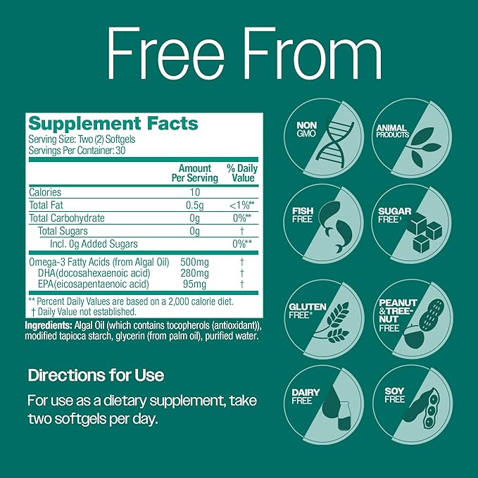 OVEGA-3 Plant-Based Omega-3 from Algal Oil 500mg, Supports 60 Count