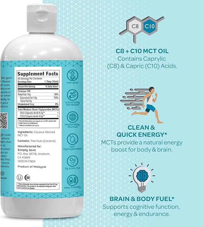 AS-IS Simply Premium MCT Oil C8 & C10 | Unflavored | 100% from Non-GMO Coconuts | Perfect for Morning Coffee | Quick Clean Energy | 32 fl oz (63 Servings)