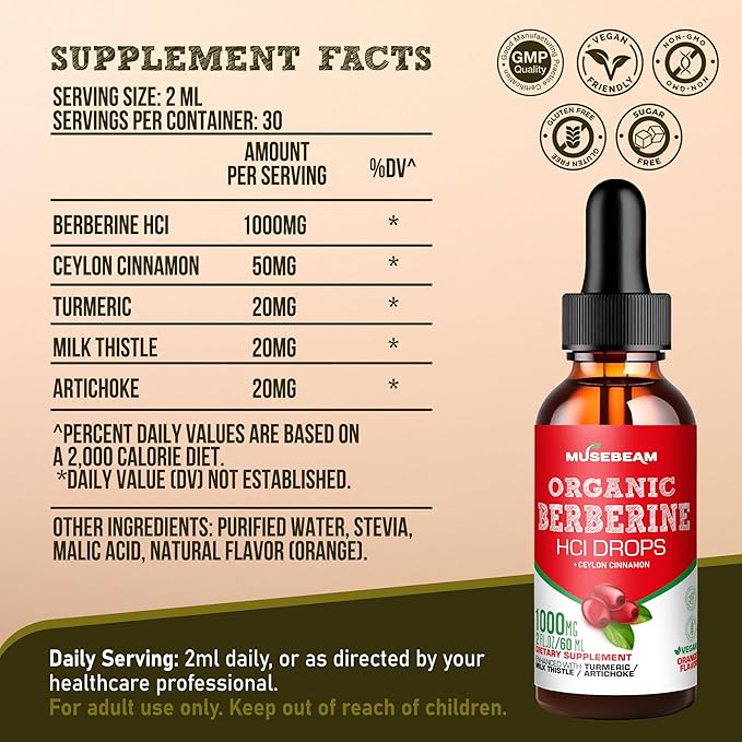 Organic Berberine HCl 1500mg Liquid Drops 2fl. oz (60ml)