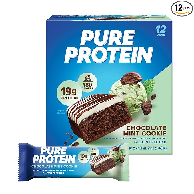 Pure Protein Bars, High Protein, Nutritious Snacks to Support Energy, Low Sugar, Gluten free, Chocolate Mint Cookie,1.76oz, 12 Count (Packaging May Vary)