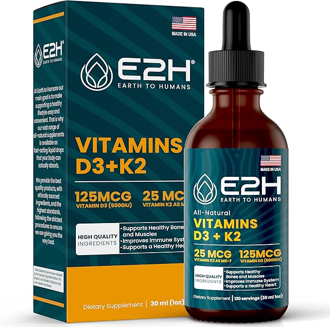 E2H Vitamins D3 & K2 Supplement for Immune Support - Liquid Vitamin D3 5000 IU - Made in The USA - Non-GMO, Vegan - 120 Servings