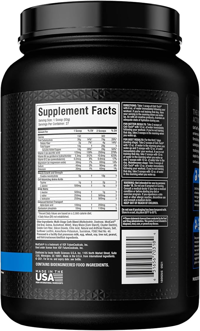 Creatine Monohydrate Powder MuscleTech Cell-Tech Creatine Post Workout Recovery Drink Muscle Builder For Men & Women Muscle Building Supplements Fruit Punch, 3 lbs (27 Serv)