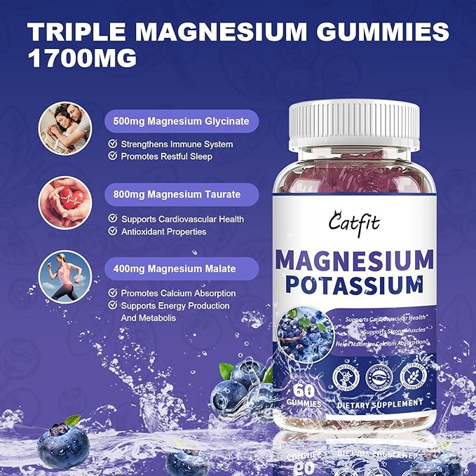 Potassium Magnesium Supplement Gummies,Magnesium Glycinate 500mg,Potassium Gluconate 99mg,Triple Magnesium Complex 1700mg,Calcium,Zinc,Vitamin D3 for Leg Cramps,Sleep,Immunity & Energy,60 Ct Blueberry