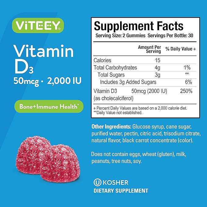 VITEEY Vitamin D3 for Adults & Teens - 2,000 IU, 50mcg, Regular Strength - Joint & Muscle Health, Immune Boost - Chewable Vitamin D Gummies - Vegetarian, Gelatin Free - Tasty Berry Flavored Gummy