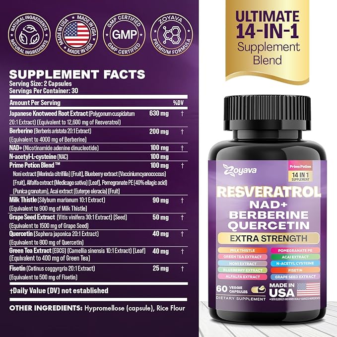 Resveratrol Supplement 12600mg NAD+ 100mg Milk 900mg Berberine 4000mg Fisetin 500mg Quercetin 800mg NAC 100mg Grape 400mg Green 400mg with (60 Caps)
