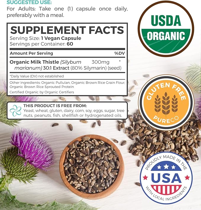 USDA Organic Milk Thistle Capsules 80% Silymarin 300mg of 30:1 Milk 9,000mg - 60 Day