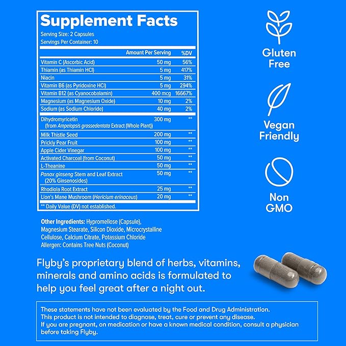 Flyby Recovery Supplement - All The Hang, Without The Over!™ - with Milk Thistle, Vitamin C, Activated Charcoal, and Apple Cider Vinegar - Pre & Post Drinking Formula (20 Count)