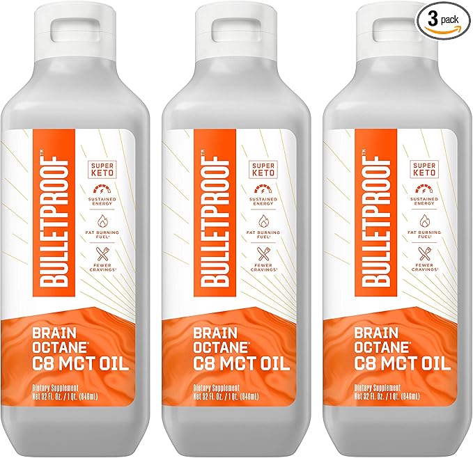 Bulletproof Brain Octane C8 MCT Oil, 32 Ounces (Pack of 3), Keto Supplement for Sustained Energy and Craving Support