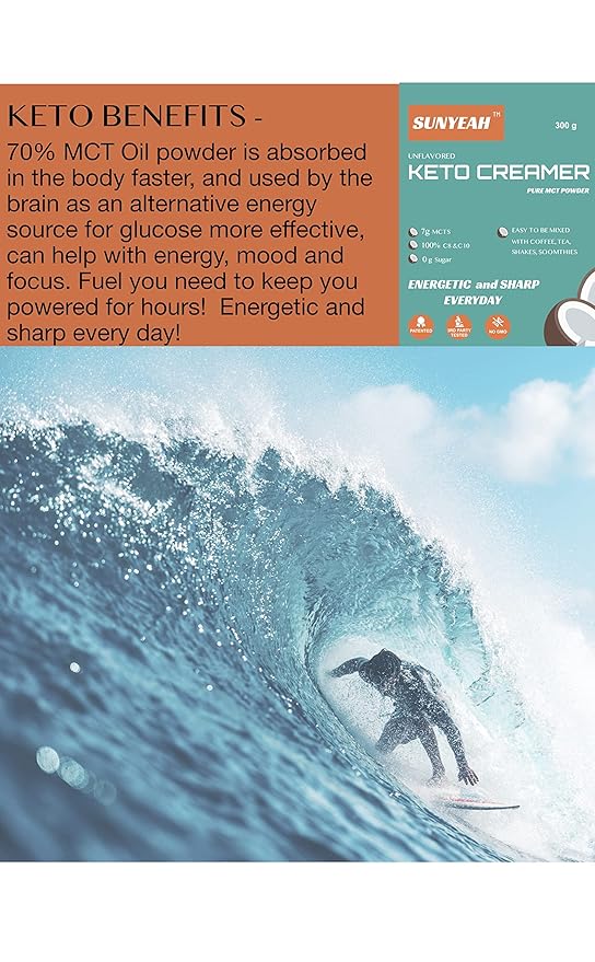 SUNYEAH MCT Powder- MCT Oil Powder, KETO Coffee Creamer, Pure C8 C10, No-Sugar, From coconut, 300 g, Excellent in Coffee, Tea, Water, Shakes, Smoothies, Unflavoured, No-GMO