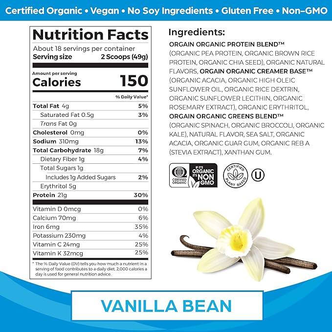 Orgain Organic Vegan Protein Powder + 21g Plant 6g Prebiotic 1.94lb