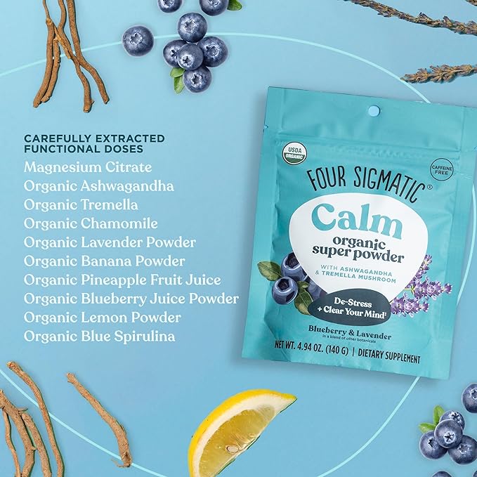 Four Sigmatic Calm Super Powder | Organic Superfood Powder with Magnesium Citrate, Organic Chamomile Extract, and Tremella Mushroom Extract | Blueberry Drink Mix (4.94 oz.)