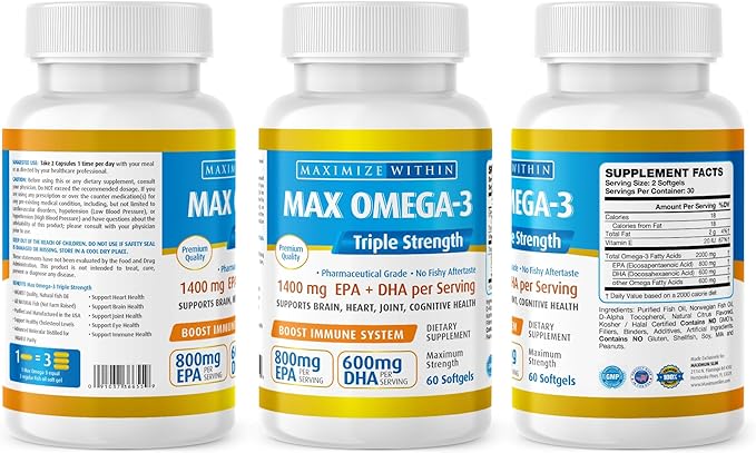 Max Omega 3 Fish Oil Pills (2000 mg 3 Fatty 600mg DHA 800 mg