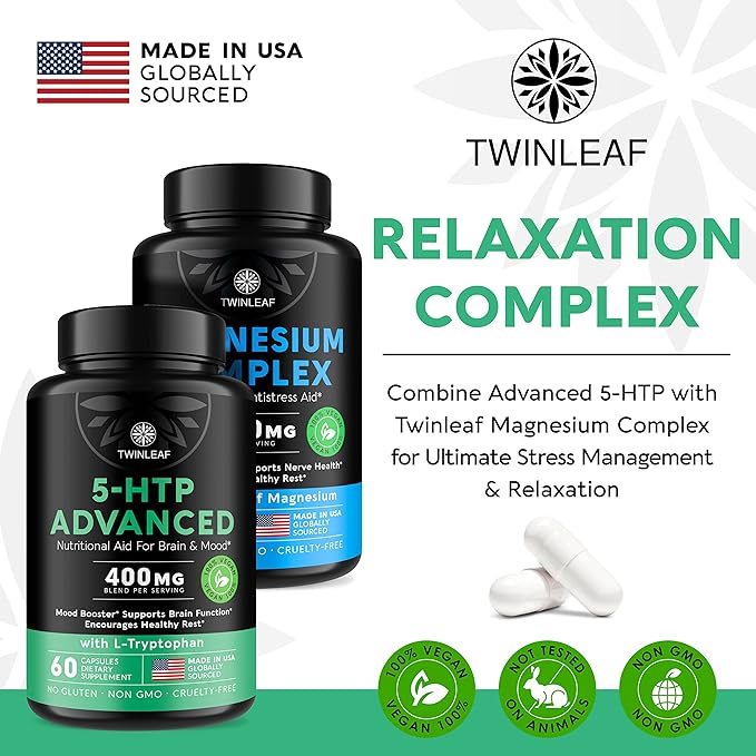TWINLEAF 5 HTP Supplement for Mood Support - Made in USA - Natural 5-HTP & L-tryptophan Capsules - 5-HTP Booster for Men & Women - Proprietary Formula for Mood and Relaxation - 60 Vegan Capsules
