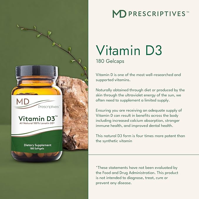 Vitamin D3 180 Gelcaps - Maximum Absorption for Strong Bones, Muscle & Immune Support, Non GMO Vegetarian Softgels, 125 mcg (5,000 IU)