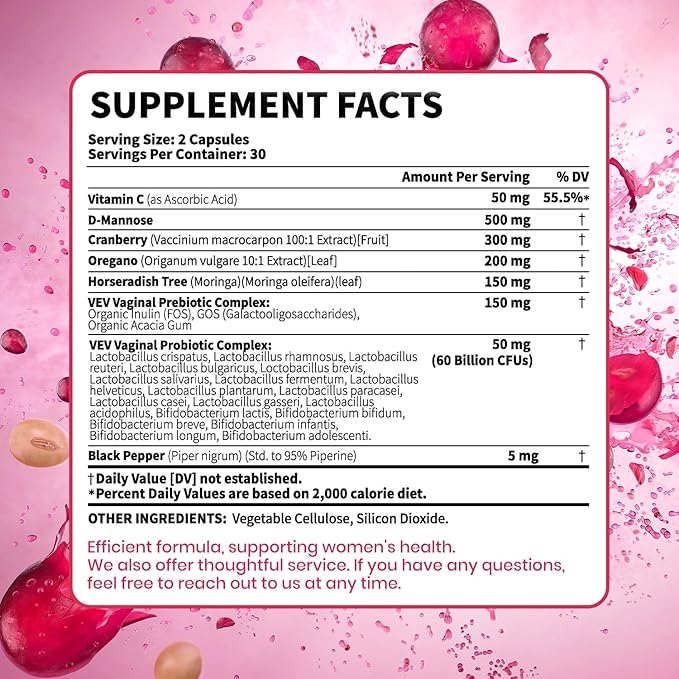 VEV Women’s Vaginal Probiotics + Prebiotics, 60 Billion CFUs, 19 Strains with D-Mannose, Cranberry, Supports Digestive, Vaginal and Feminine Wellness, Easy to Swallow, 120 Capsules (60-Day Supply)