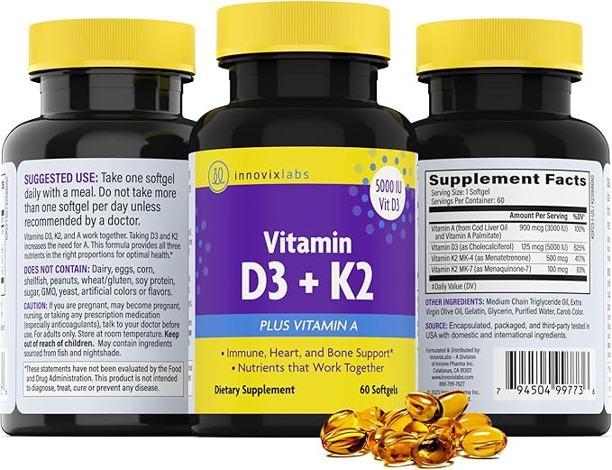 InnovixLabs Vitamin D3 K2-5000 IU Vitamin D3 plus 600 mcg K2 MK4 MK4 and MK7 for 3rd Party 60 Softgels