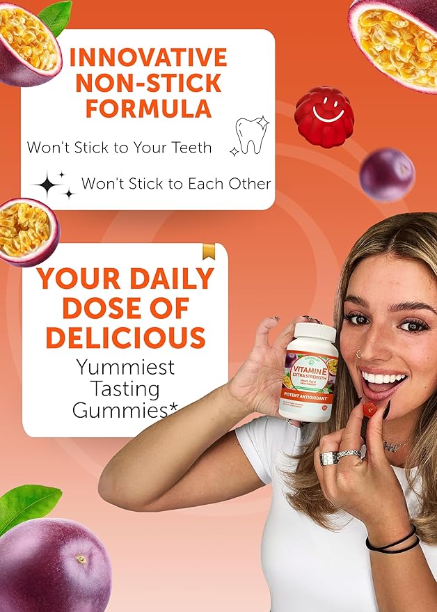 Lunakai USA Made Vitamin E Gummies 400IU with Vitamin C - Delicious, Vegan, Non-GMO Supplement for Daily Skin & Eye Support, d-Alpha Tocopherol, 60ct