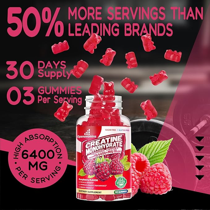 Creatine Monohydrate Gummies Complex 6400mg for Men & Women -Advanced Formula W/L-Taurine + Vitamin B12, Sugar Free Chewable Supplement,180 Raspberry Gummies 2pack