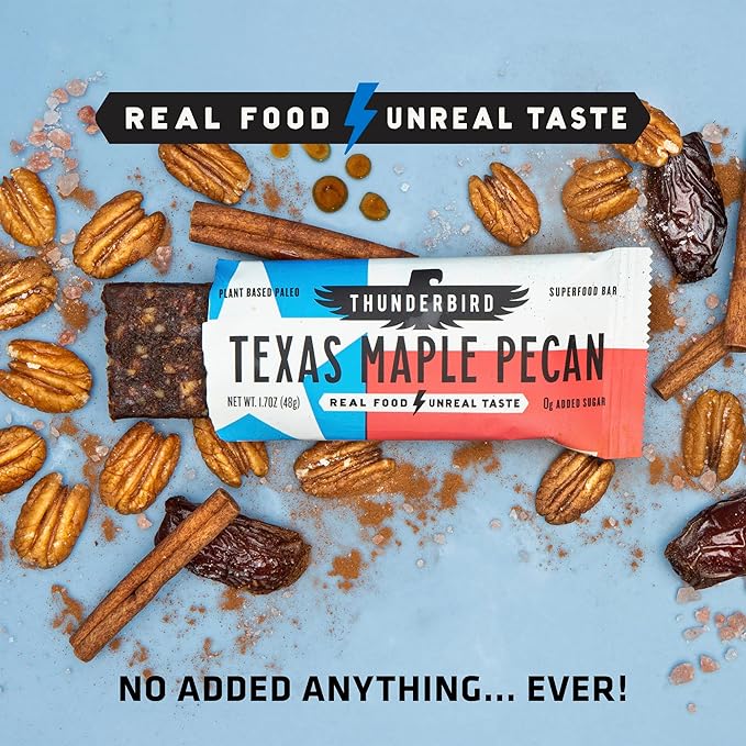 Thunderbird Bars Energy Snack, Gluten-Free with Protein, Healthy Real Food, Vegan Paleo Non-GMO, No Added Sugar, Texas Maple Pecan Flavor (12 Count, 1.7 oz. Bars)