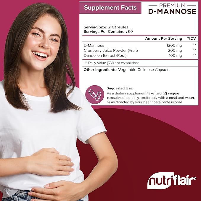 NutriFlair D-Mannose 1500mg, 120 Capsules - with Cranberry and Dandelion Extract - Natural Urinary Tract Health UTI Support - Best D Mannose Powder - Flush Impurities, Detox Body, for Women and Men