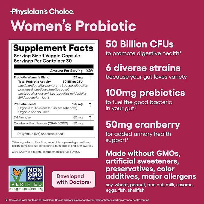 Physician's CHOICE Probiotics for Women - PH Balance, Digestive, UT, & Feminine Health - 50 Billion CFU - 6 Unique Strains for Her - Organic Prebiotics, Cranberry Extract+ - Women Probiotic - 30 CT