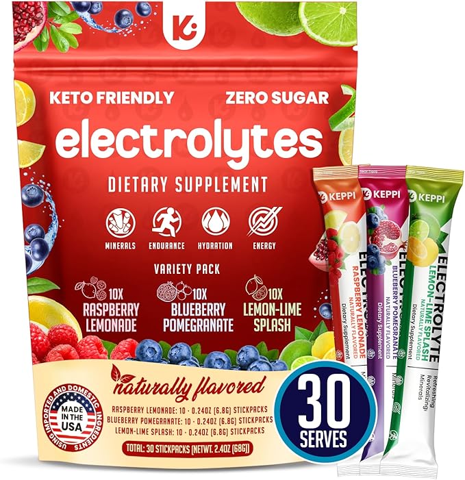 Keppi Keto Electrolytes Powder No Sugar - Made in USA - Advanced Hydration & Recovery - Raspberry Lemonade, Blueberry Pomegranate & Lemon Lime Flavors