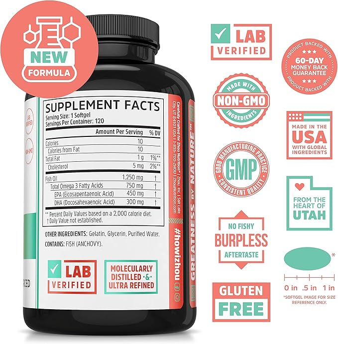 Zhou Nutrition Fish Oil, Max Strength 3 Fish 1250 mg 120 Servings