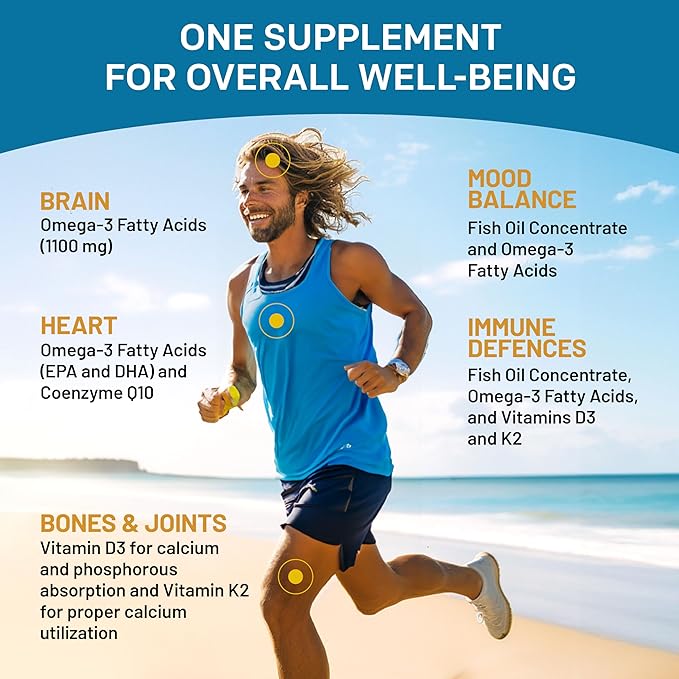 5-in-1 Fish Oil Omega 3 Supplements (2100mg) 3 Fish D3 & K2 and CoQ10 - 3 Supplement 3 Fatty (120 softgels)