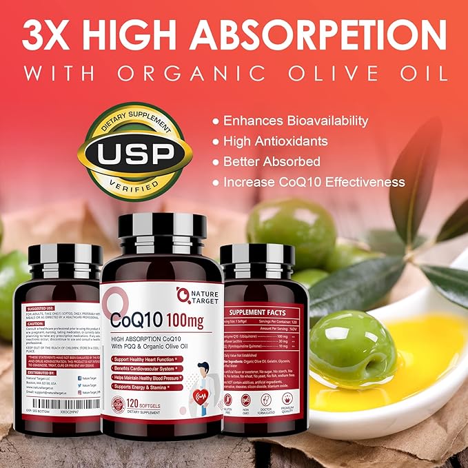 NATURE TARGET CoQ10-100mg-Softgels with 10mg PQQ Coenzyme-Q10 with 120 Servings