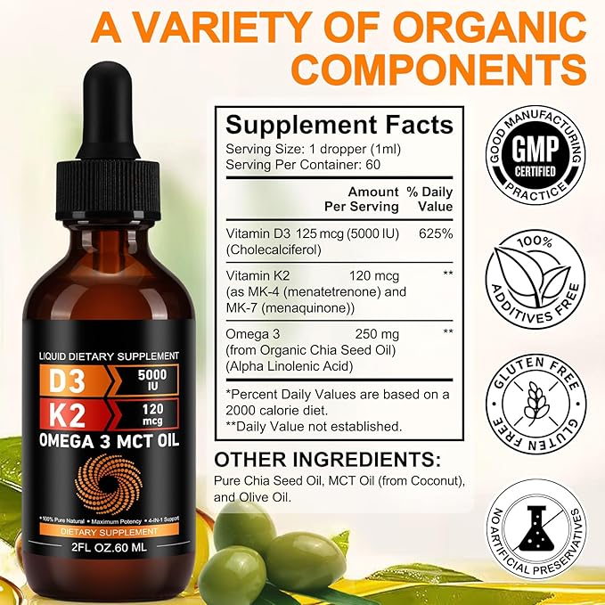Vitamin D3 5000 IU & K2 (MK-7) 120 mcg 60ml Drops with MCT Oil Omega 3, Liquid Vitamin D3 & K2 Supplements - 2 Months Supply -Supports Bones, Teeth, Mood & Immune System, Calcium Absorption