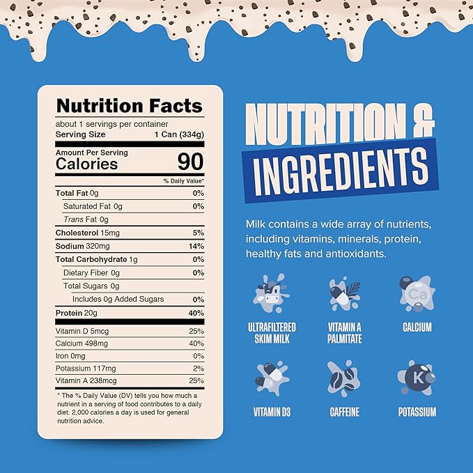 High Protein Cookies & Cream Milk with 60mg Caffeine & 20g Protein - Ready to Drink, Sugar Free, Lactose Free Milk, Perfect for Workout Recovery & Afternoon Pick Me Up - 12 Count