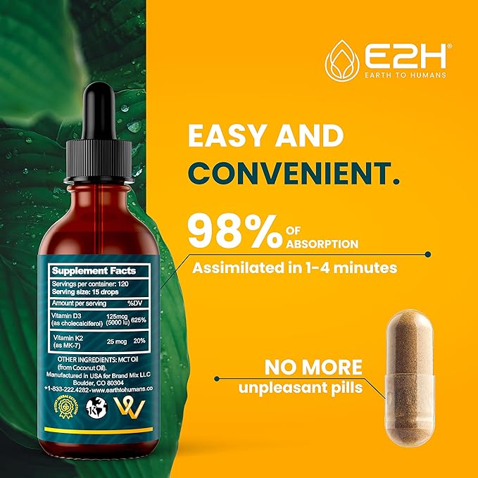 E2H Vitamins D3 & K2 Supplement for Immune Support - Liquid Vitamin D3 5000 IU - Made in The USA - Non-GMO, Vegan - 120 Servings