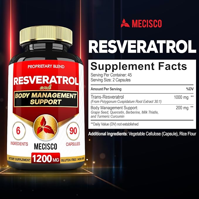 Trans Resveratrol Supplement with Grape Seed, 1000mg Organic 6 Herbal 90 Capsules